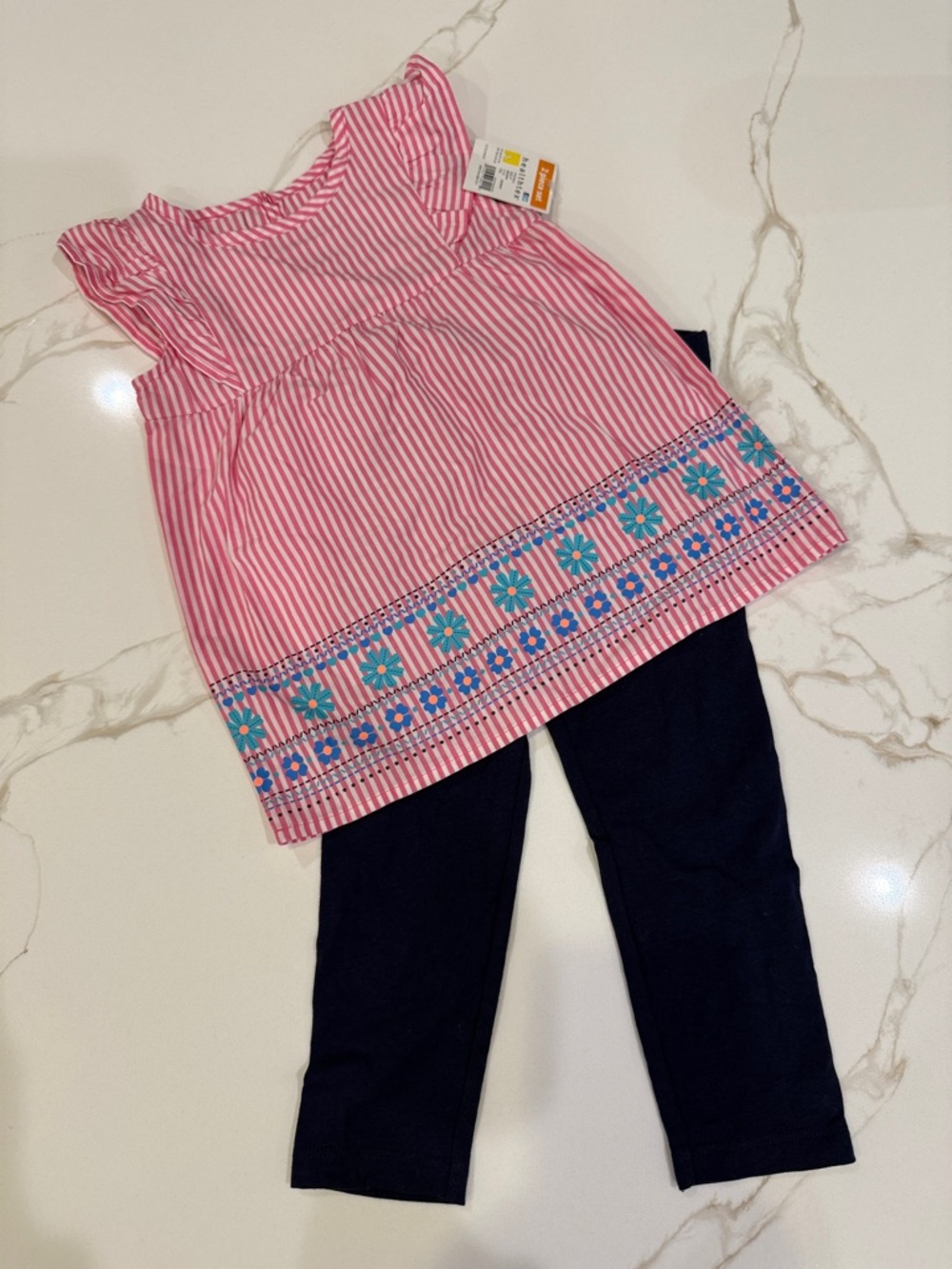 Girls' Pink Striped Tunic Top with Floral Trim - Brand: